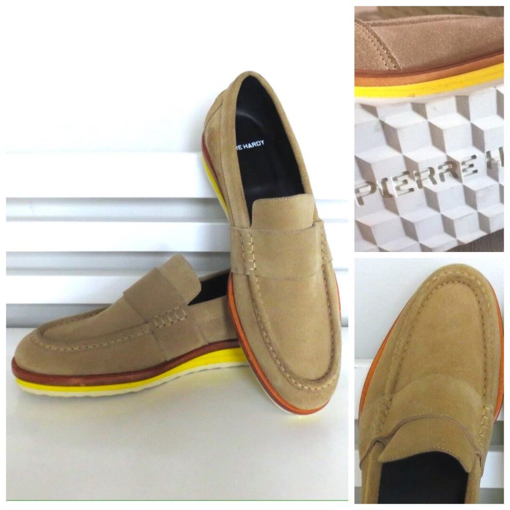 Pierre Hardy Beige Suede Loafers with Yellow & Orange Trim
